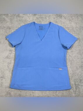 FIGS Casma Scrub Top Womens Large Blue Three Pocket V Neck Stretch Medical